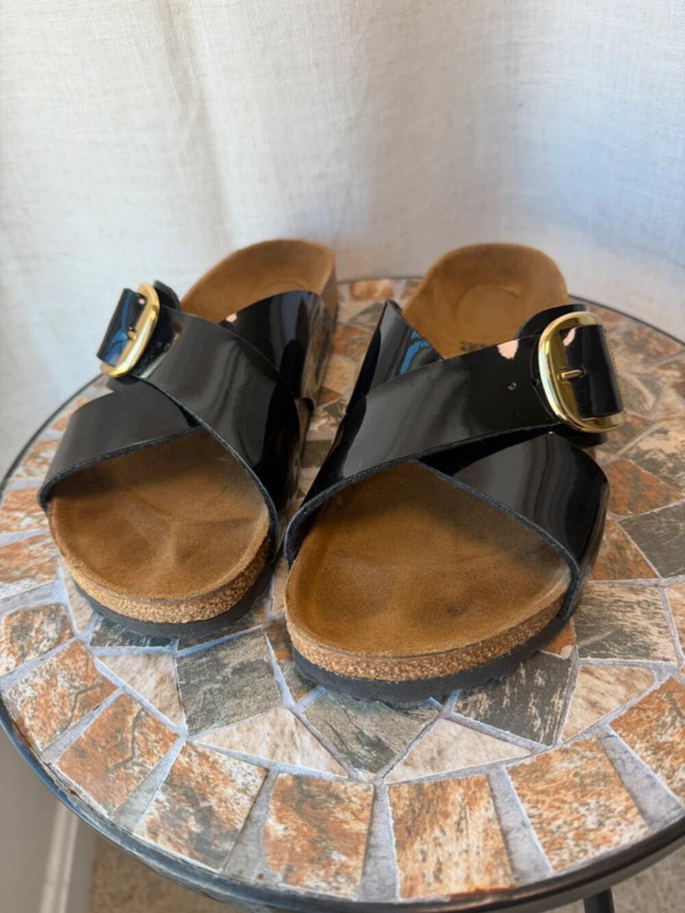 Birkenstock Siena Big Buckle Black Patent Gold Sandals 38